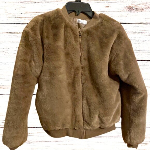 Girls Bomber Jacket Faux Fur Teddy Bear Taupe Size Medium - Picture 1 of 2
